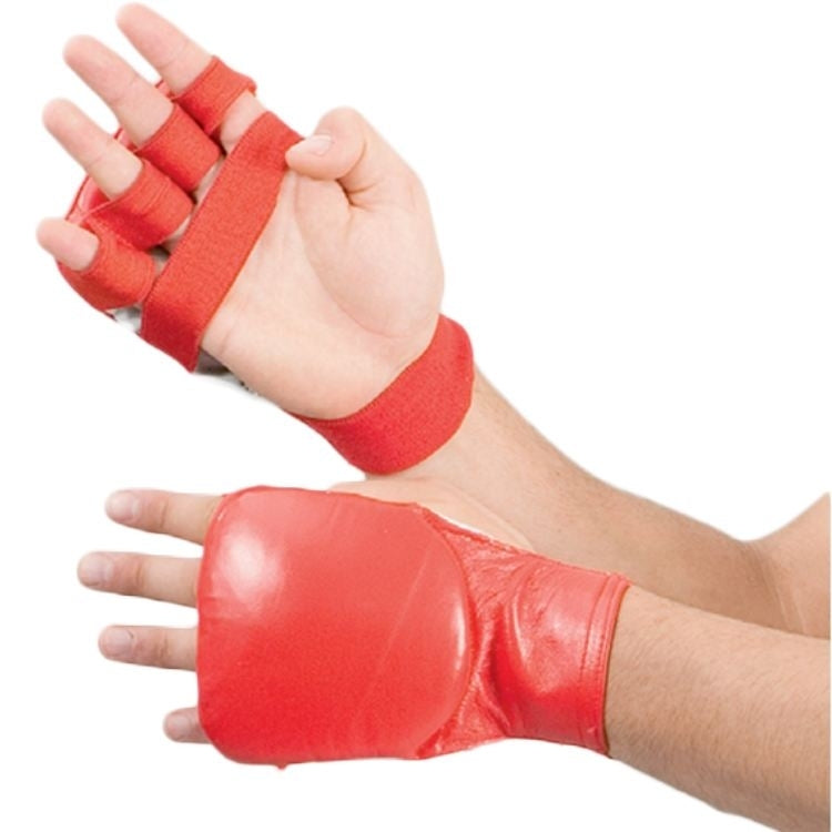 TEKKA BUDO Karate Faustschützer flach rot - Hand Mitt Echtleder - Fingerschlaufen mit Elastikband