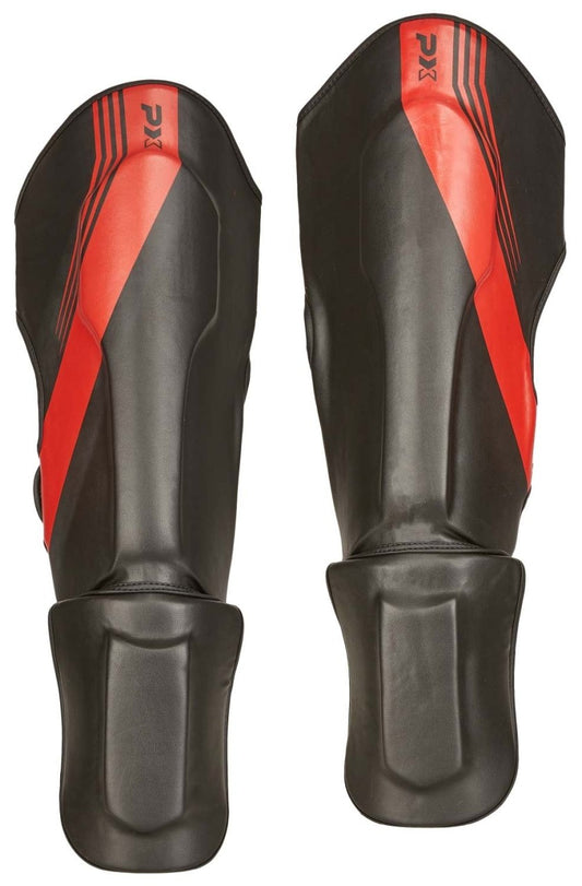 PX Schienbein-Spannschutz FIGHT PRO schwarz-rot ergonomische Passform – mit Klettverschluss