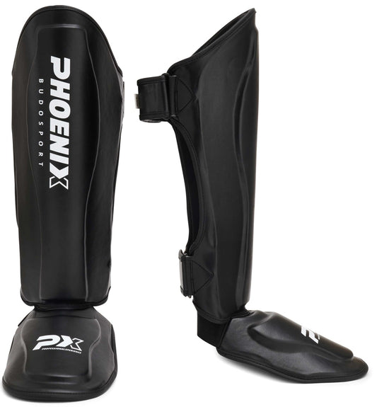 PX LEGACY Schienbeinspann Schützer, PU, schwarz – ergonomische Passform, mit Klettverschluss