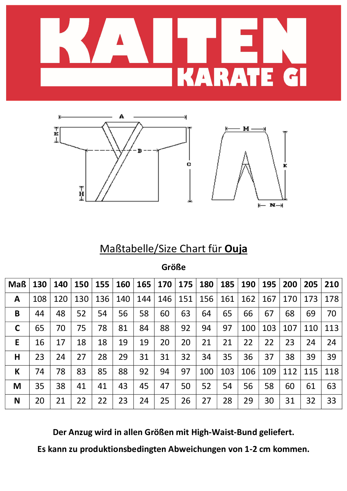 KAITEN Karateanzug OUJA weiß 6-7 oz, Karate Gi leichtes Tropic-Gewebe mit High-Waist-Hose
