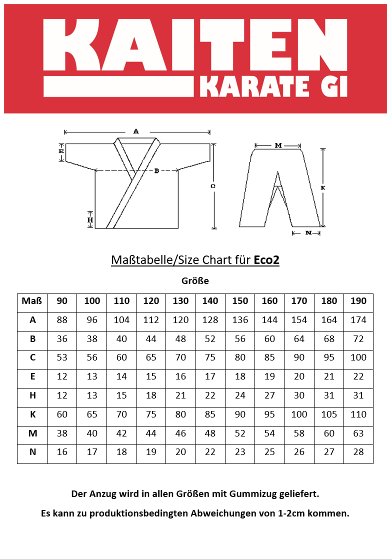 KAITEN Einsteiger Karateanzug Eco 2 - Karate Gi weiß 7 oz Baumwolle - Hose mit Gummizug