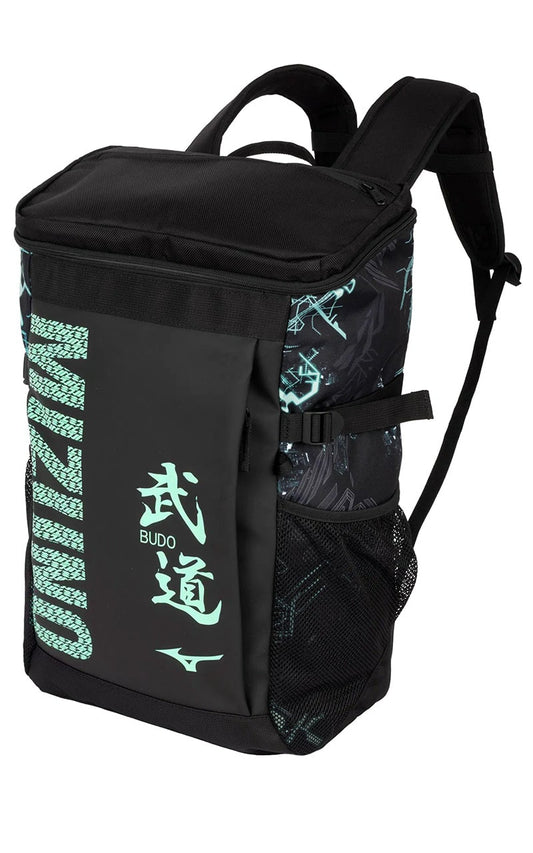 MIZUNO Judo Sport-Rucksack 30 Liter schwarz-grün - Budo Schriftzeichen Aufdruck
