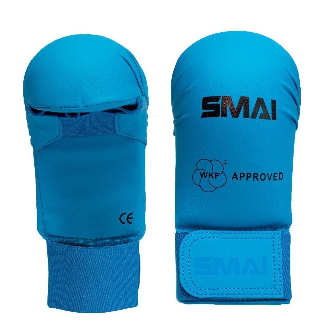 SMAI WKF Karate Handschutz ohne Daumen blau ergonomische Passform – mit Klettverschluss