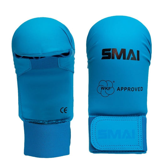 SMAI WKF Karate Handschutz ohne Daumen blau ergonomische Passform – mit Klettverschluss