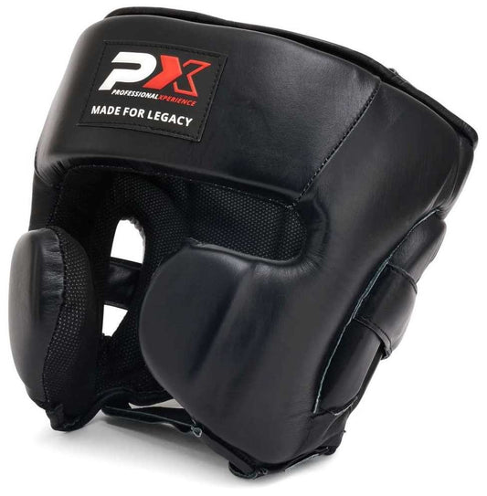 PX LEGACY Pro Kopfschutz Echtleder schwarz ergonomische Passform – mit Klettverschluss