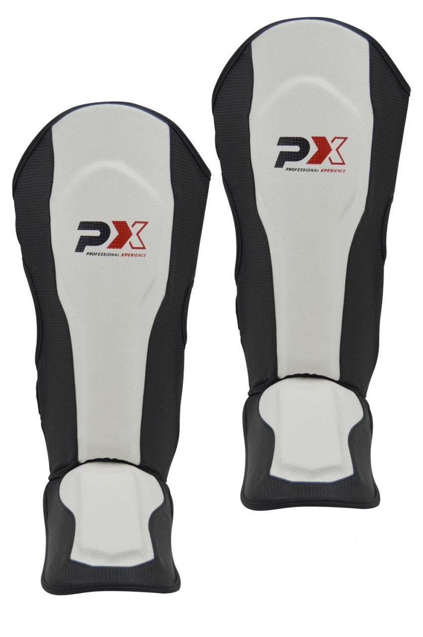 PX Schienbein-Spannschutz FIGHT PRO Kunstleder schwarz-weiß - Karate, Taekwondo, Kickboxen - Kampfsport Schützer