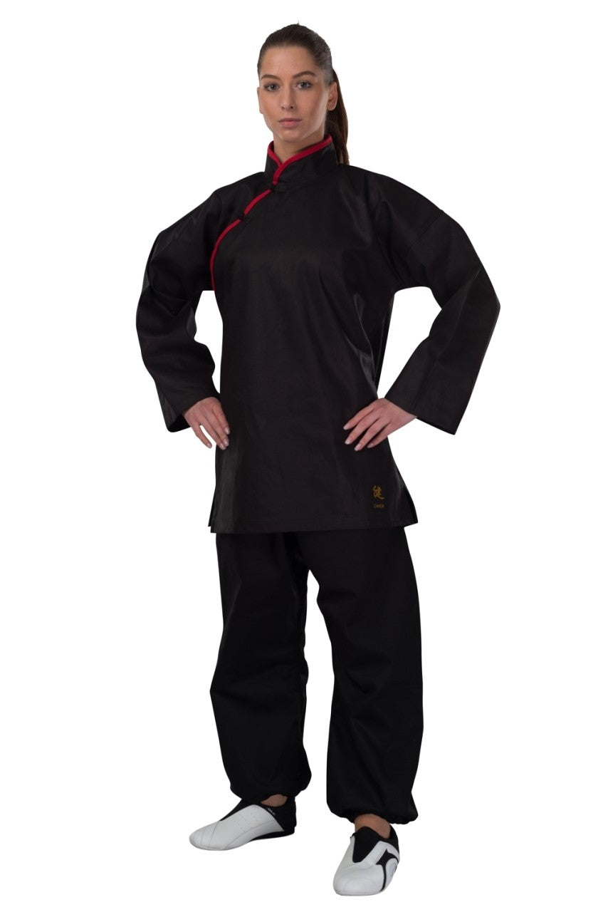 TEKKA BUDO Kung Fu Jacke schwarz - mit roten Applikationen - Moderner Stil - Größe 160 biis 200 cm