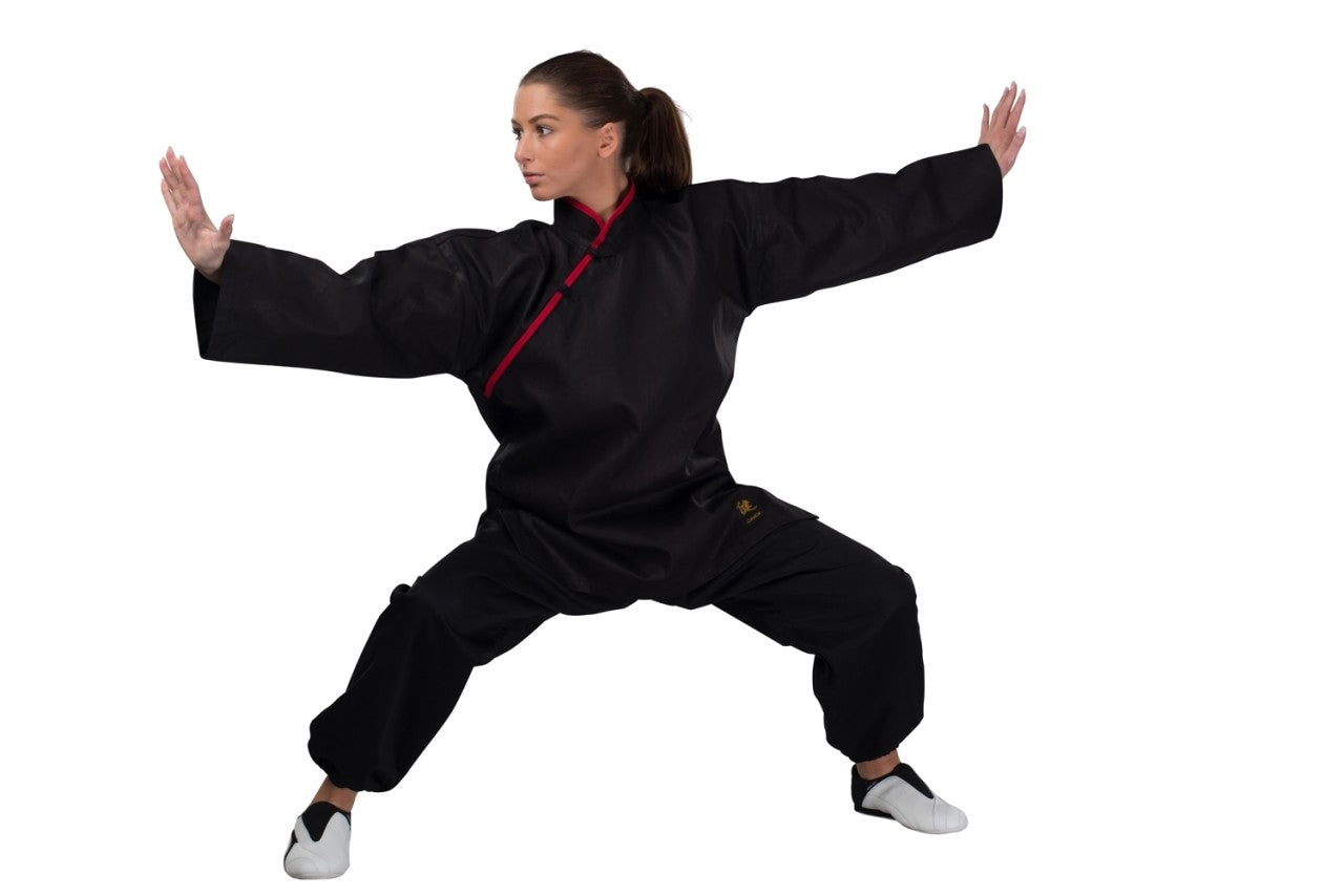 TEKKA BUDO Kung Fu Jacke schwarz - mit roten Applikationen - Moderner Stil - Größe 160 biis 200 cm