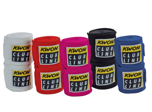 KWON (R) Boxbandagen unelastisch 2,5 m (Paar) mit Daumenschlaufe (Schwarz, Weiß, Rot, Blau, Pink)