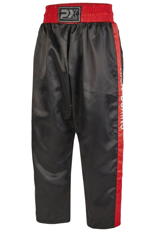 PX Kickboxhose schwarz-rot Stick – weiter Schnitt für hohe Kicks, elastischer Bund mit Kordelzug