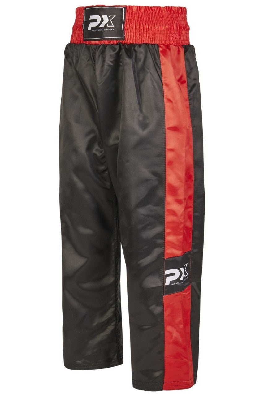 PX Kickboxhose TOPFIGHT, schwarz-rot – weiter Schnitt für hohe Kicks, elastischer Bund mit Kordelzug