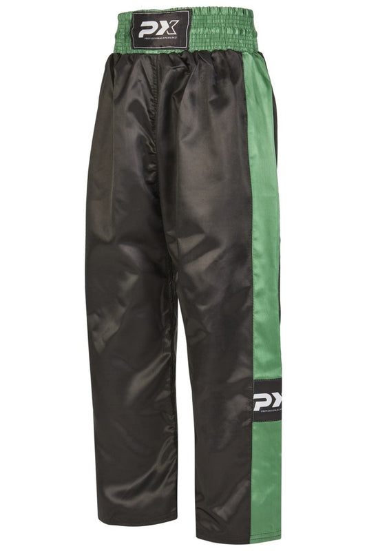 PX Kickboxhose TOPFIGHT, schwarz-grün – weiter Schnitt für hohe Kicks, elastischer Bund mit Kordelzug
