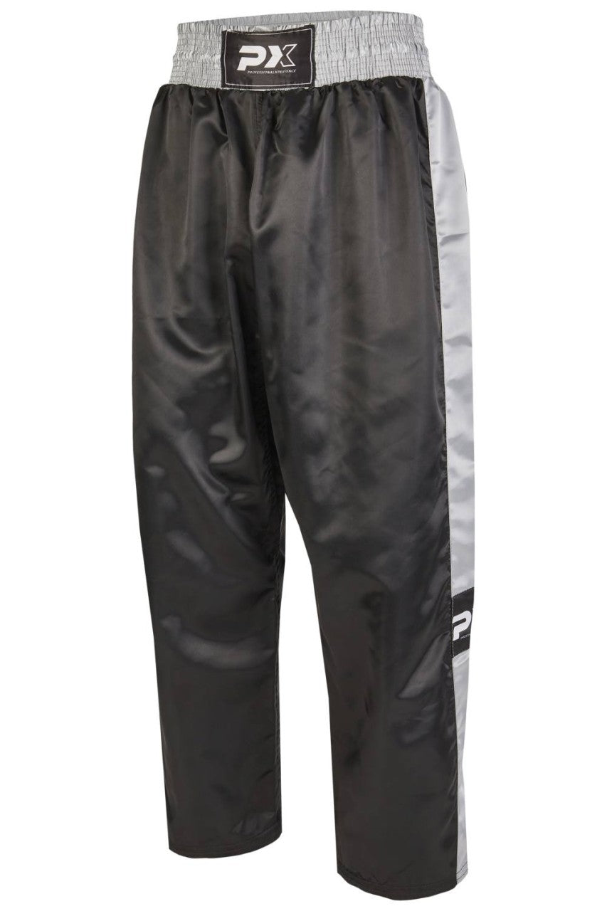 PX Kickboxhose TOPFIGHT, schwarz-grau – weiter Schnitt für hohe Kicks, elastischer Bund mit Kordelzug