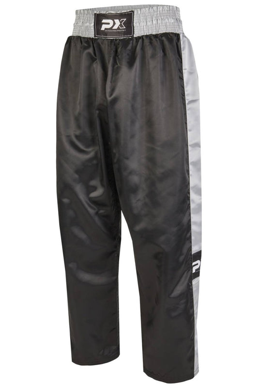 PX Kickboxhose TOPFIGHT, schwarz-grau – weiter Schnitt für hohe Kicks, elastischer Bund mit Kordelzug