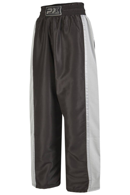 PX Kickboxhose "Dynamic", schwarz-grau Mesh – weiter Schnitt für hohe Kicks, elastischer Bund mit Kordelzug