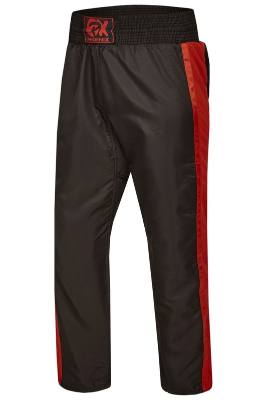 PX Kickboxhose "Dynamic", schwarz-rot Mesh – weiter Schnitt für hohe Kicks, elastischer Bund mit Kordelzug