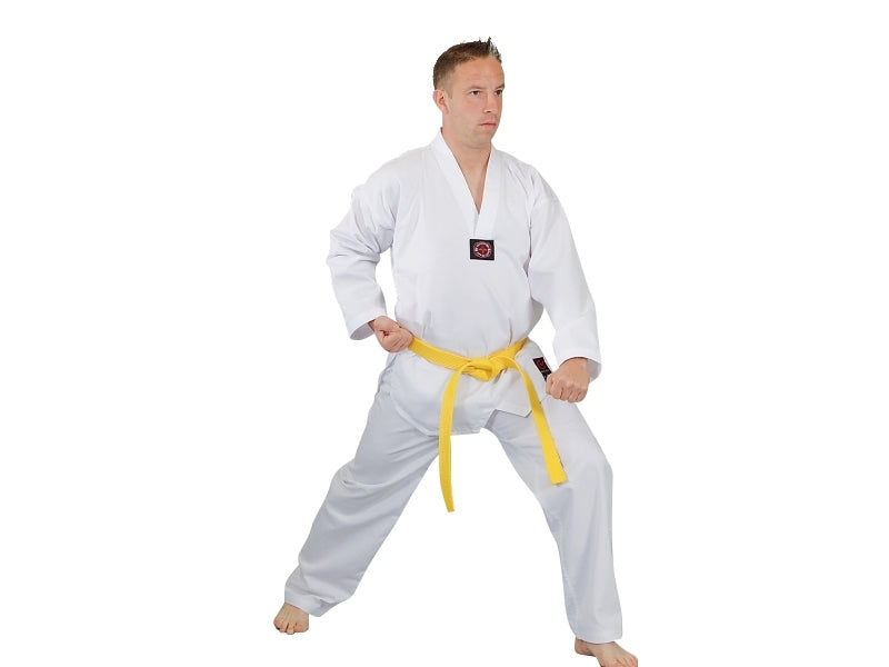 Taekwondo Anzug Standard Ribbed leicht, weißes V-Revers, SET (Schlupfjacke, Hose, weißer Gürtel)