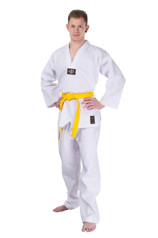 Taekwondo Anzug Standard Ribbed leicht, weißes V-Revers, SET (Schlupfjacke, Hose, weißer Gürtel)