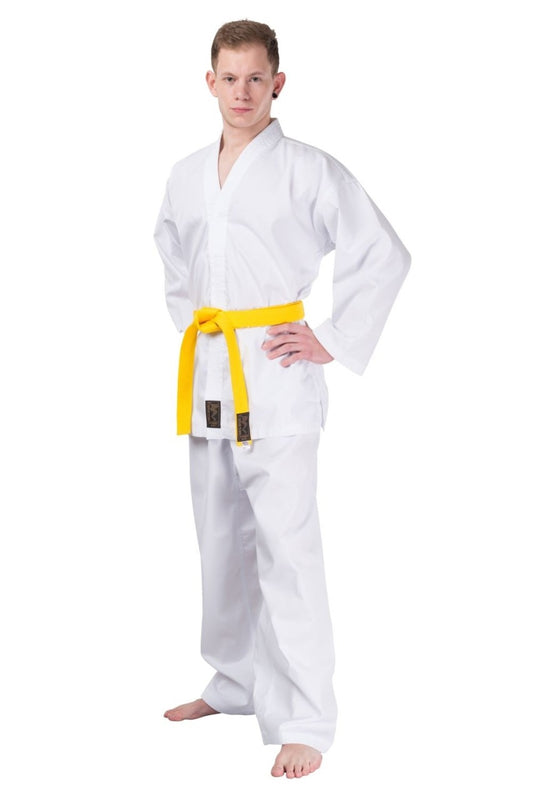 Taekwondo Anzug ITF-Stil Kyongi ohne Stick, Dobok gerippter Stoff - SET (Jacke, Hose, weißer Gürtel)