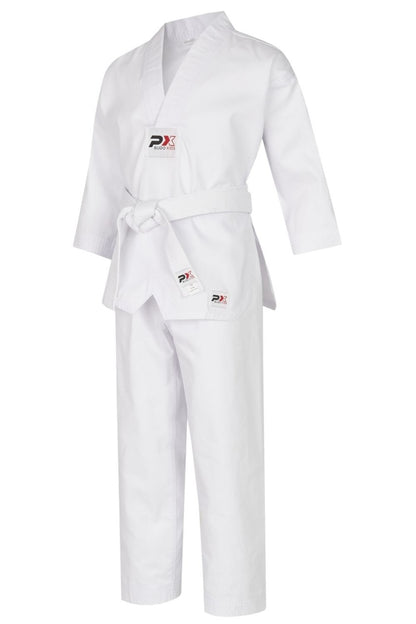 Taekwondo Anzug BUDO KIDS weißes V-Revers, Kinderanzug als Set (Schlupfjacke, Gummibund Hose, weißer Gürtel)