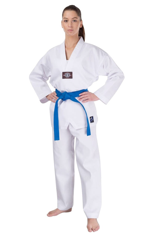 Taekwondo Dobok Basic mit V-Revers weiß - SET (Schlupfjacke, Hose, weißer Gürtel)