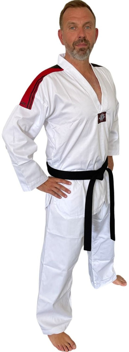 Taekwondo Dobok Basic V-Revers weiß mit Schulterstreifen schwarz-rot - SET (Schlupfjacke, Hose, weißer Gürtel)