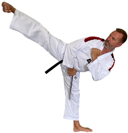 Taekwondo Dobok Basic V-Revers weiß mit Schulterstreifen schwarz-rot - SET (Schlupfjacke, Hose, weißer Gürtel)