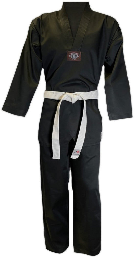 Taekwondo Dobok Basic mit V-Revers schwarz - SET (Schlupfjacke, Hose, weißer Gürtel)