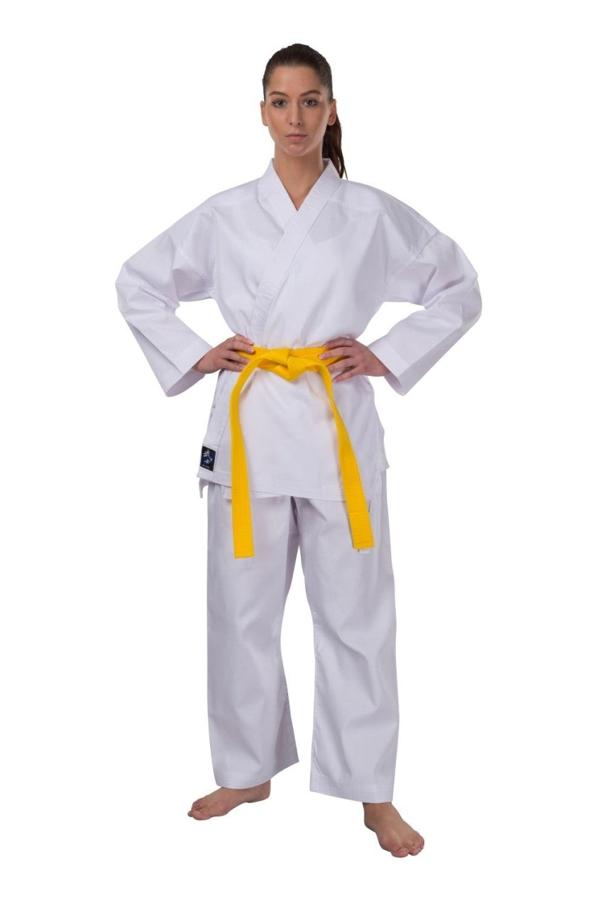 Taekwondo Anzug Traditional Light mit Schnürung weiß 7,5 oz Mischgewebe, Set (Jacke, Hose, weißer Gürtel)