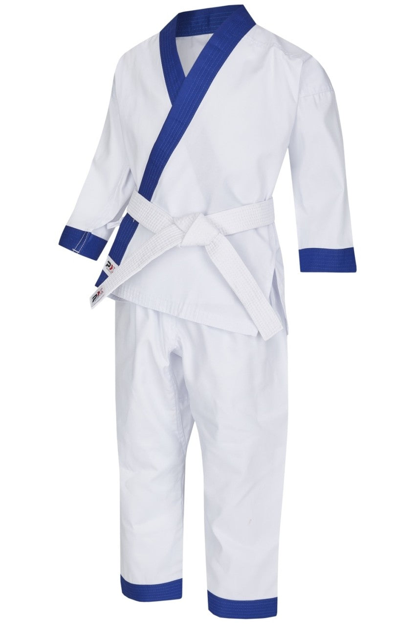 Taekwondo Anzug BUDO KIDS weiß-blau, Kinderanzug als Set (Traditionelle Jacke, Gummibund Hose, weißer Gürtel)