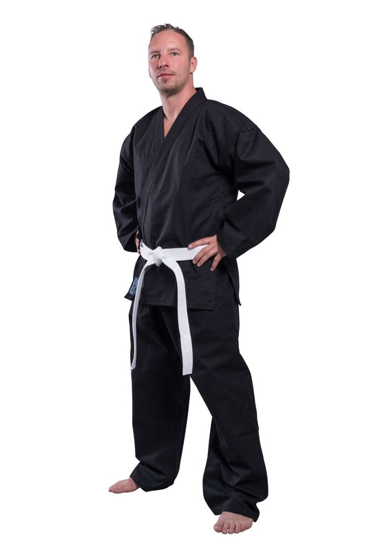 Ninjutsu Anzug Pro schwarz 12 oz schwer - Ninjutsu Gi Set (Jacke, Hose mit Gummibund, weißer Gürtel)