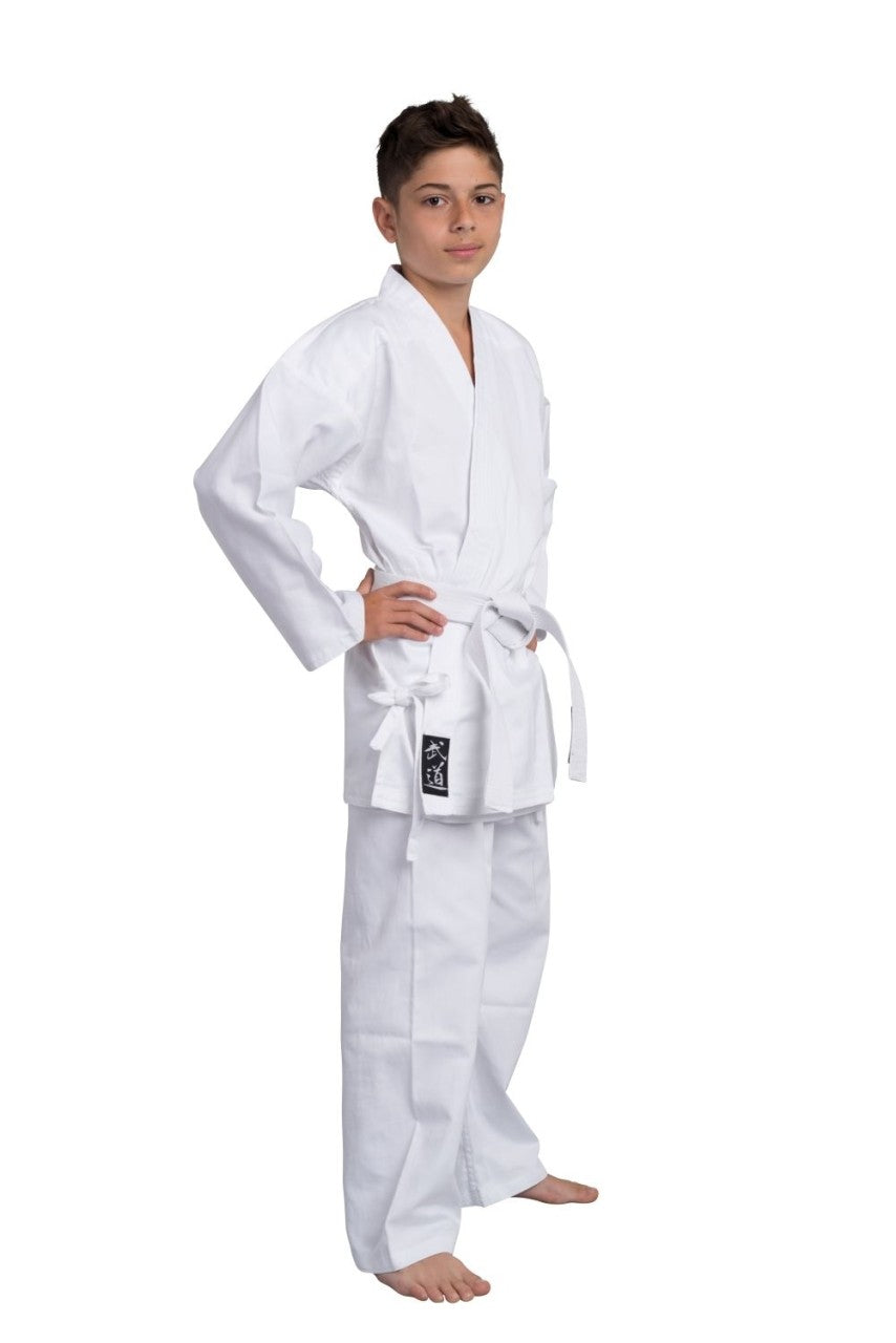 Taekwondo Anzug Tradiional mit Schnürung weiß 8 oz Baumwolle (vorgewaschen) - Jacke, Hose, weißer Gürtel