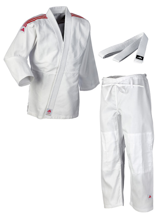 adidas Judo-Anzug Club weiß/rote Streifen, J350 Judo Gi (Judojacke, Judohose)