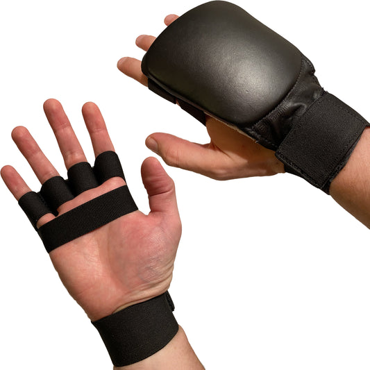 TEKKA BUDO Karate Faustschützer flach schwarz - Hand Mitt Echtleder - Fingerschlaufen mit Elastikband