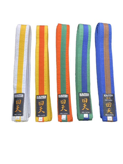 Kaiten Karategürtel Gelb-Orange - 4 cm Breit - Farbgürtel 2-farbig Mittelstreifen - Länge 230 bis 325 cm