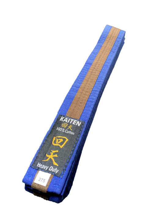 Kaiten Karategürtel Blau-Braun - 4 cm Breit - Farbgürtel 2-farbig Mittelstreifen - Länge 230 bis 325 cm