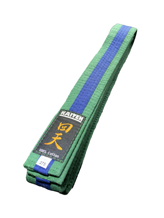 Kaiten Karategürtel Grün-Blau - 4 cm Breit - Farbgürtel 2-farbig Mittelstreifen - Länge 230 bis 325 cm