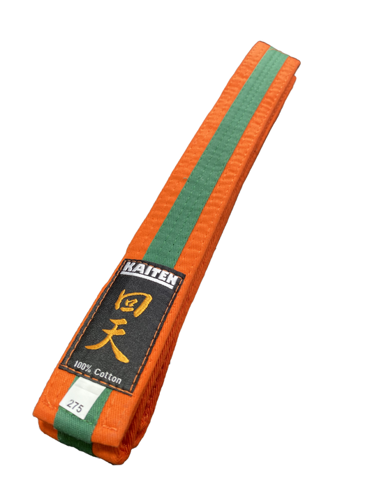 Kaiten Karategürtel Orange-Grün - 4 cm Breit - Farbgürtel 2-farbig Mittelstreifen - Länge 230 bis 325 cm