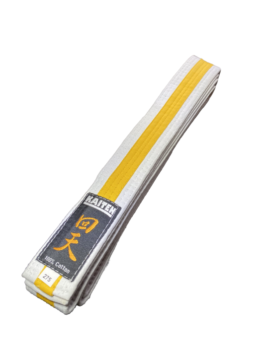 Kaiten Karategürtel Weiß-Gelb - 4 cm Breit - Farbgürtel 2-farbig Mittelstreifen - Länge 230 bis 325 cm
