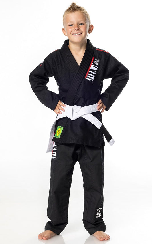 ZEBRA Kinder BJJ Anzug Starter schwarz - Brazilian Jiu Jitsu Gi SET - Jacke Hose weißer Gürtel