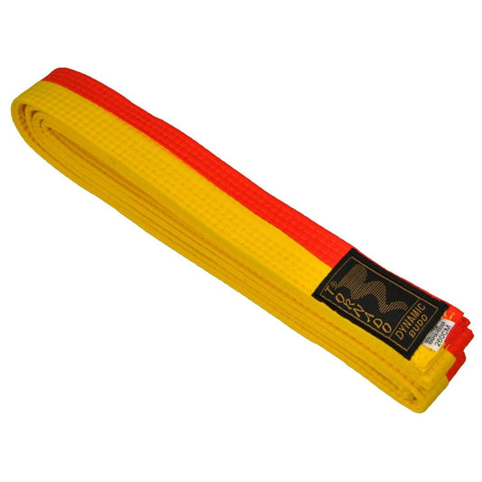 Karategürtel gelb-orange halb-halb - zweifarbig - 4 cm breit - Gelb-Orange-Gurt mittig geteilt