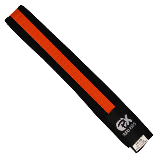 Kinder Budogürtel SOFT - leicht zum Binden, weiche Baumwolle - extra dünn 3,5 cm Breite, schwarz-orange