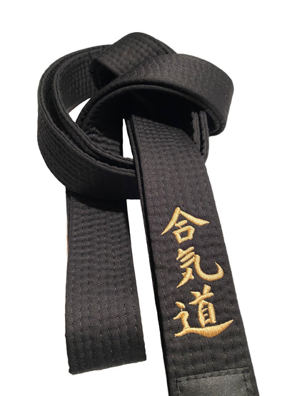 TEKKA BUDO Aikidogürtel schwarz - Bestickt - Aikido - Schriftzeichen Bestickung gold - Schwarzgurt Kanji japanisch